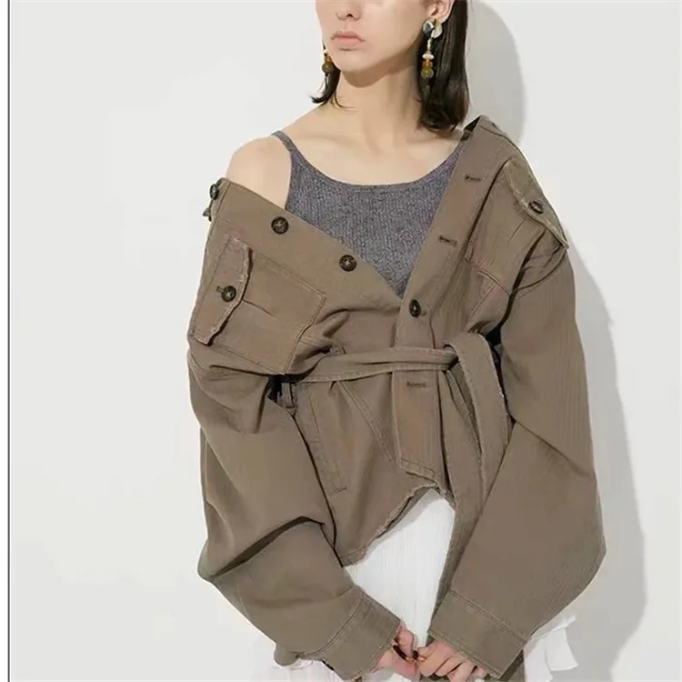 

2019 Autumn WOMEN'S Dress Sand Washing Frayed Pocket Tooling Jacket Europe And America Retro Loose-Fit Lace-up Coat Women's