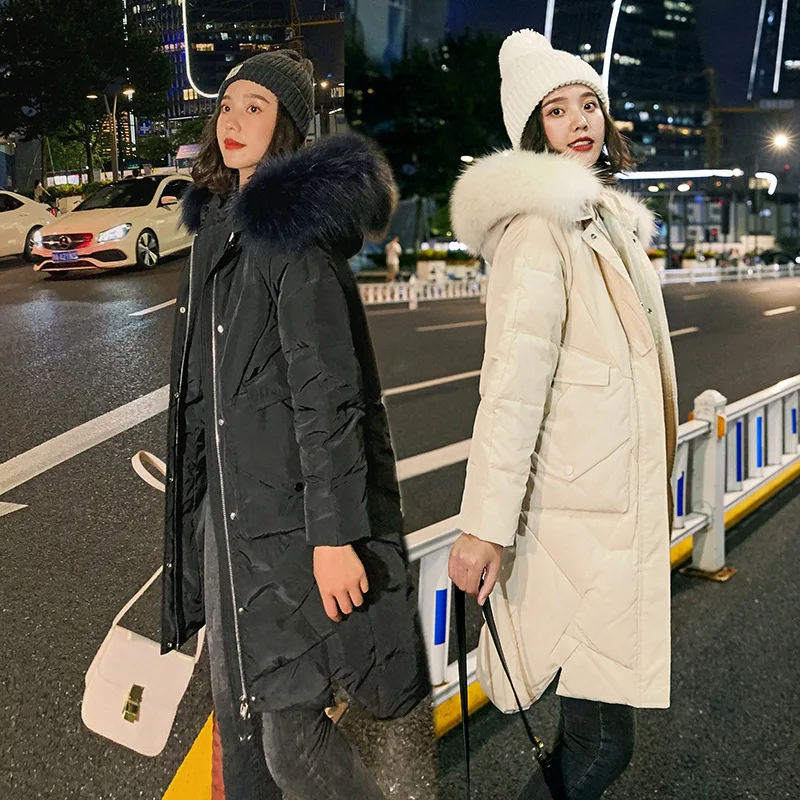 

2019 New Down Jacket Women Winter Fashion Natural Big Fur Collar White Duck Down Long Thick Thick Loose Winter Cc112