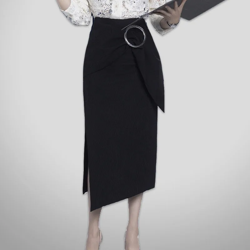 

Office Lady Black Skirt 2020 Elegant High waist Bows Pack Hip Irregular Midi Skirts WOmen Long Skirt