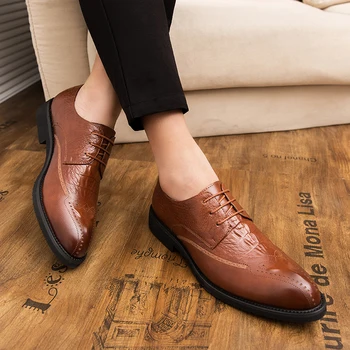 

Men Dress Shoes Genuine Leather Shoes outdoor Lace Up Brogue Shoes Flats Oxfords Men Wedding Office Business Shoes Men Formal a4