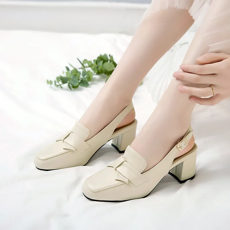 

YQBTDL Summer Daily Work Leisure Slingback Women Pumps Beige White Square Toe Bowtie Block High Heels Ladies Shoes 2024