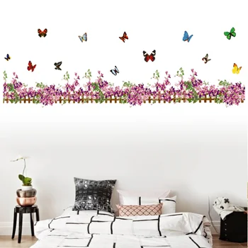 

1PC Non-toxic Peel and Stick Removable Spring Creative Purple Fence Flower Butterfly Skirting Line Wall Decals