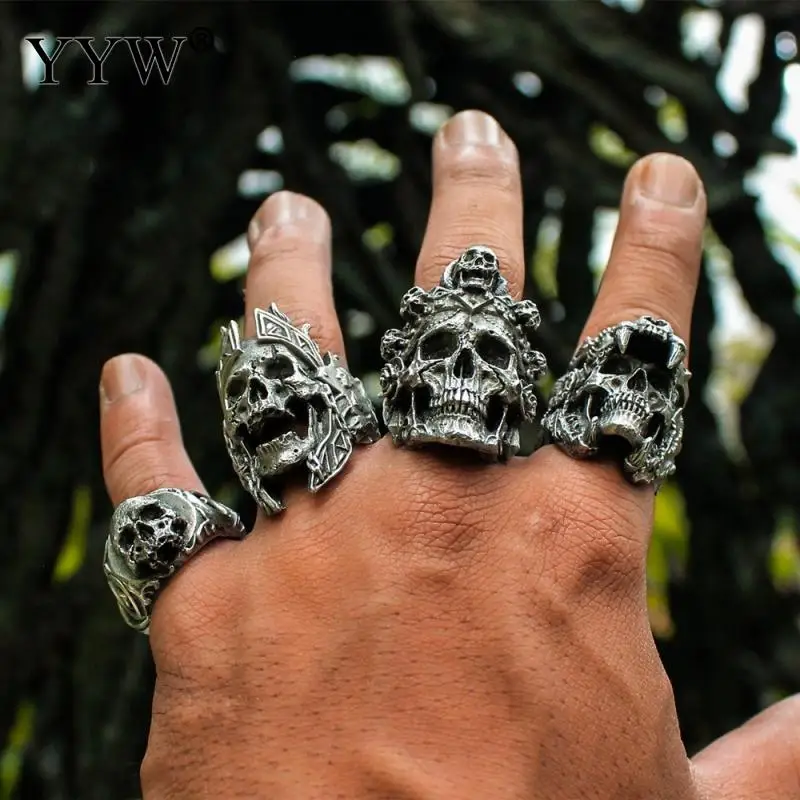 

Gothic Punk Men Finger Ring Vintage Hip Hop Skull Devil Demon Crossbones Silver Color Plated For Man Steampunk Accessories Rings