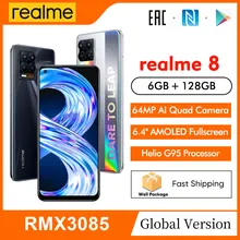 Global Version realme 8 6.4"FHD+ AMOLED Display 6GB 128GB 64MP Quad Camera Helio G95 5000mAh Battery 30W Charge NFC Mobile Phone