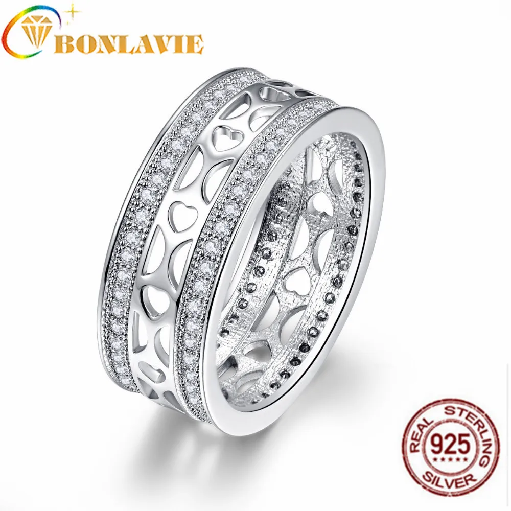 New Genuine Wide-faced Hollow Heart-shaped Double-row CZ Finger Rings For Women Wedding Engagement Jewelry | Украшения и
