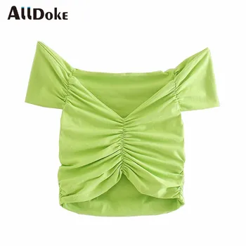 

ALLDOKE green casual ruched t shirt women summer v neck short sleeve sexy cropped feminina streetwear skinny crop tops t-shirt