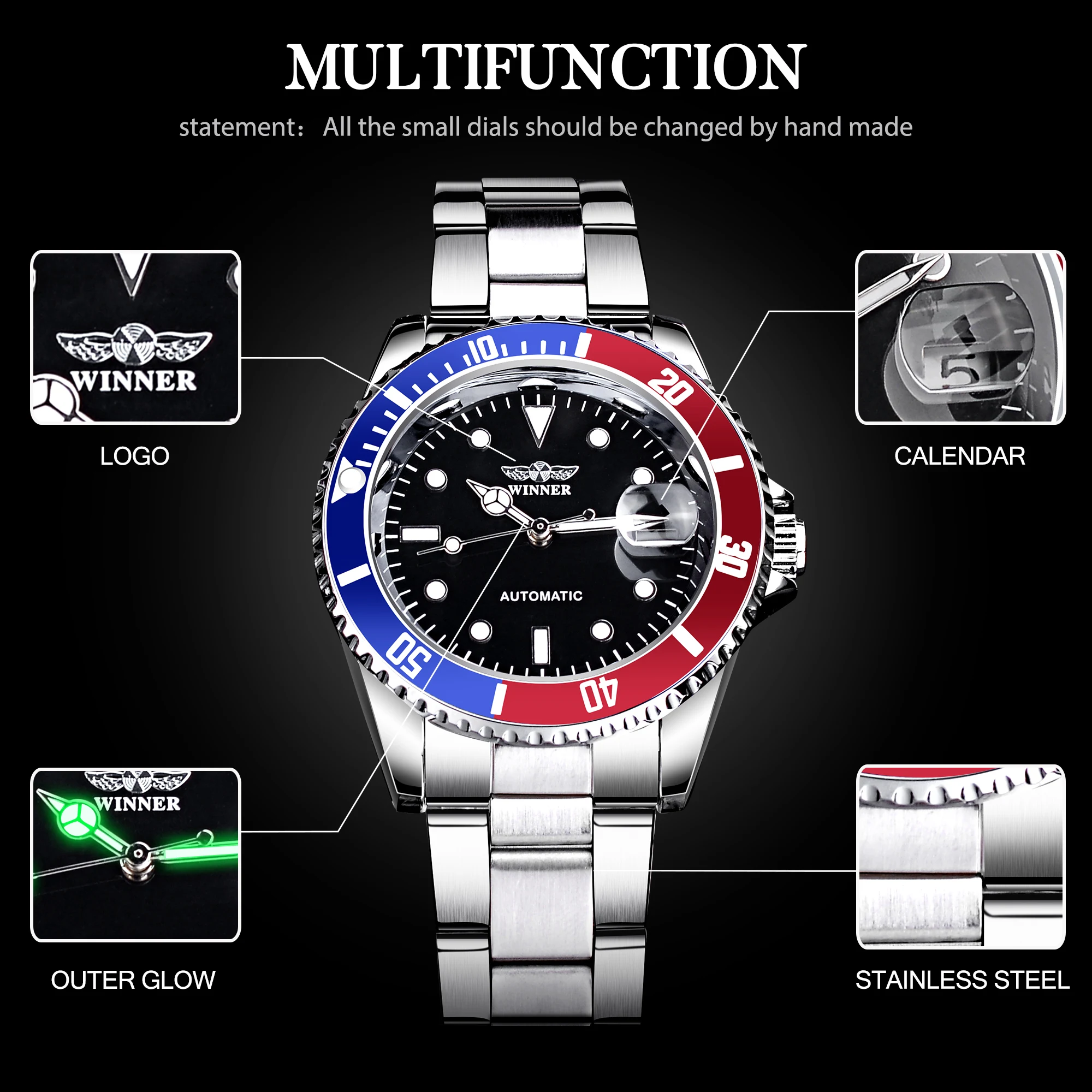 Winner New Luxury Men Mechanical Wristwatch Stainless Steel Automatic Watch Black Dial Military Watches Relogio Masculino
