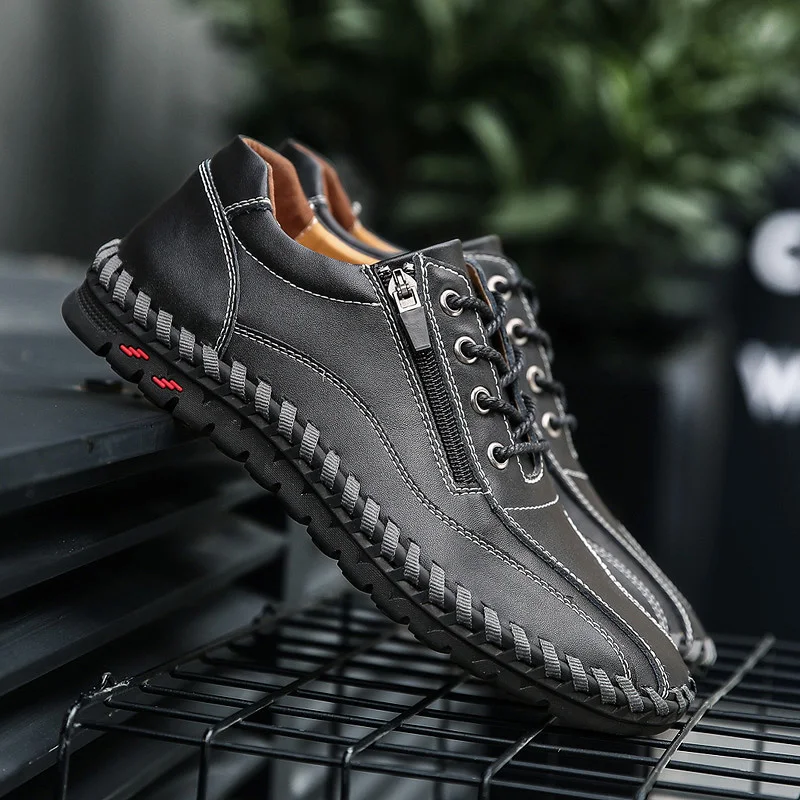 New Arrival 2021 Luxury Genuine Leather Shoes Men Outside Sneakers Zipper Opening Leisure Slip Moccasins Plus Size 38-50 | Обувь