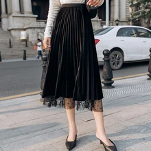 Женская длинная юбка в горошек, сетчатая, с обеих сторон, бархатная, плиссированная, с надписью, юбки, синий, черный, шампанского, 9613