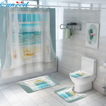 

Ouneed 4PCS Summer Beach scenery Print Bathroom Shower Curtain sets Non Slip waterproof Toilet Shower curtains Cover Mat set new