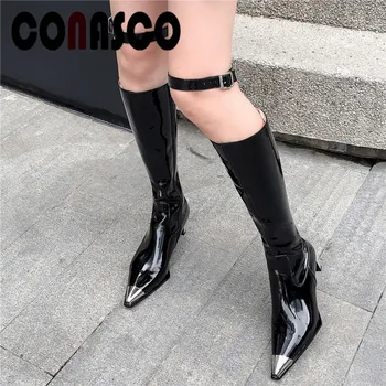 

CONASCO New Sxey Woman Autumn Winter Warm Party Shoes Metal Decoration Genuine Leather Strange Heels Knee High Boots Shoes Woman
