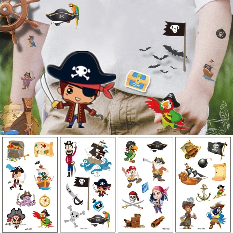 Cartoon Pirates Temporary Tattoo Pirate Ship Parrot Children Body Sticker 10pcs/set Disposable Gift For Kids