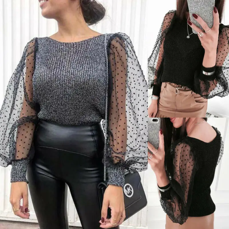 Autumn Womens Organza Puff Sleeve Patchwork Sweater Solid Color Casual Club Knitted Pullover Tops Black Gray | Женская одежда
