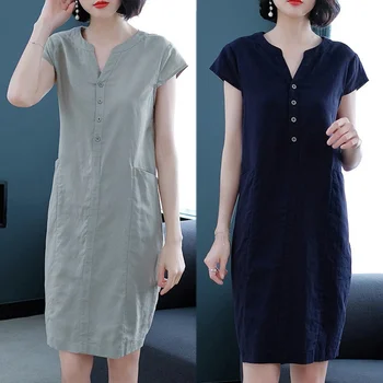

Fashion Sexy Women Short Sleeve Summer Blue Gray Casual Dress Loose Solid Dresses Button Midi Sundress