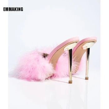 

Ladies Sexy Pink/Yellow Slippers Stiletto High Heels Gladiator Sandals Dress Pumps Feather Decoe High Heels Sandals Woman 2020