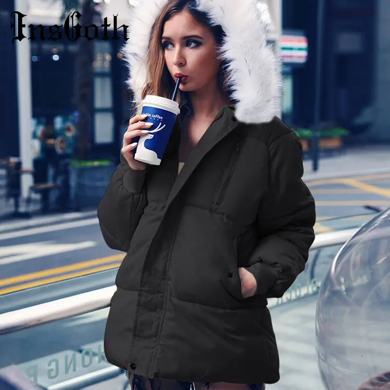 

InsGoth Women Parka Coats Winter Casual Harajuku Plus Size Fake Fur Collar Warm Outerwear Female Parkas Coats Hooded Jackets