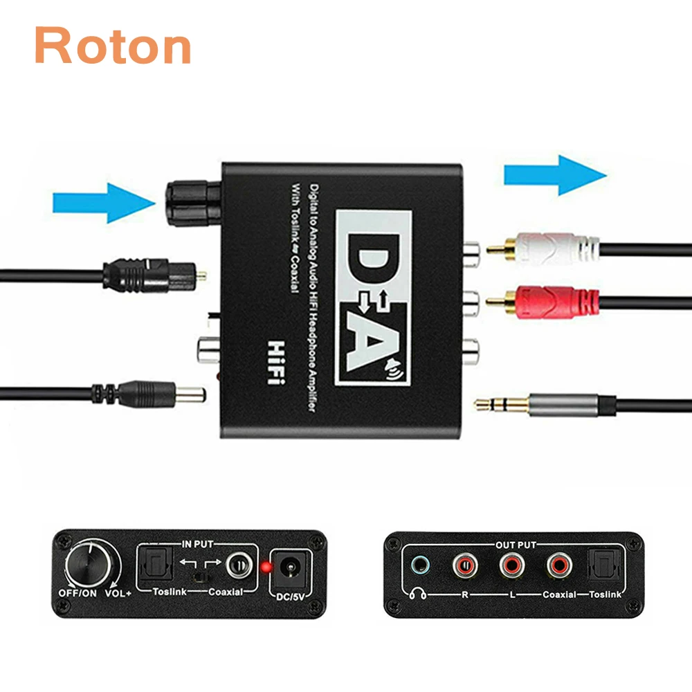 3 5 Jack RCA DAC Spdif Amplifier Decoder 24 Bit Digital to Analog Converter Optical Fiber Coaxial For Headphone With Volume Knob