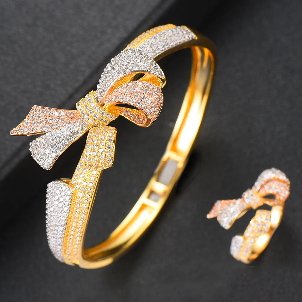 

missvikki 2019 Hot Luxury Bow BA+RI Noble Bangle+Ring Set for Women Bridal Wedding Engagement Party Show Romantic Gift Shiny CZ