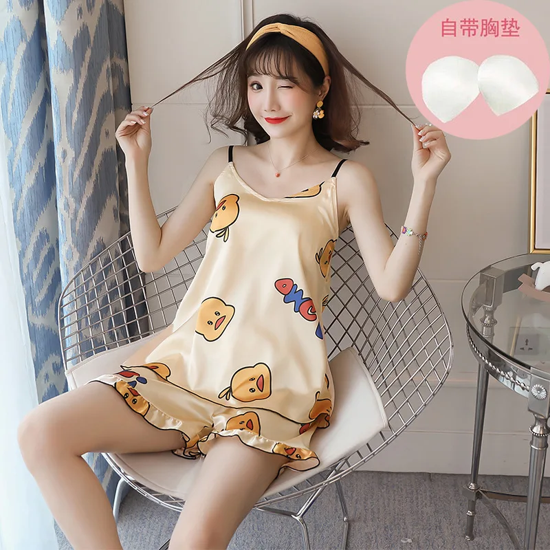 

2020 New Style Pajamas Women Summer Spaghetti Strap Pajamas Net Red Yellow Duck Girl Silk Sexy Suit Pajamas