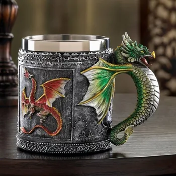

3D Pattern Stainless Steel Mug Dragon Tankard Celtic Knot Work Beer Coffee Tea Cup Mug King Drinking CuP Insert 350ML