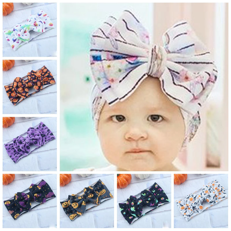 

Baby Halloween Headband Girl Bow Headbands Wide Turban Newborn Pumpkin Spider Ghost Hair Accessories Kid Tie Knot Party Headwrap