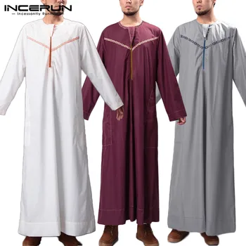 

INCERUN Men Islamic Kaftan Printed Arab Muslim Clothes Round Neck Long Sleeve Loose Robes 2020 Fashion Men Jubba Thobe Plus Size