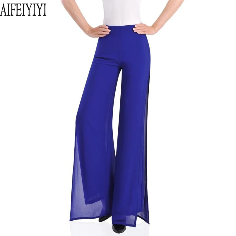 Royalblue Side Split Женские шифоновые широкие брюки палаццо с разрезом сбоку размера плюс 4XL, свободные брюки с высокой талией - Цвет: Royalblue Side Split