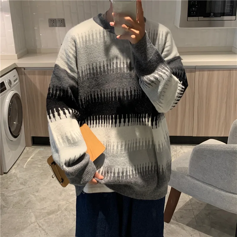 

Hong Kong style autumn and winter sweater loose jacquard casual round neck pullover sweater men