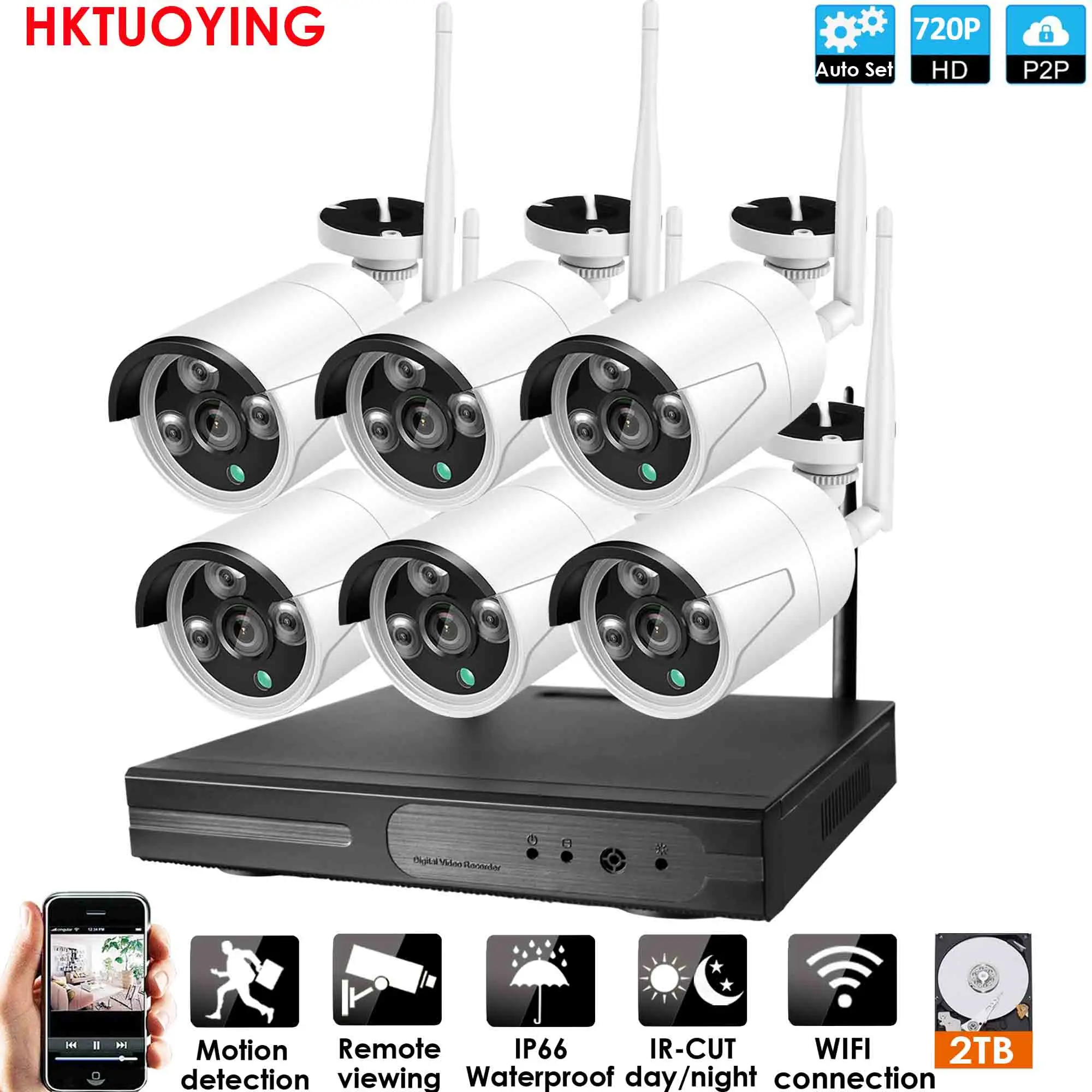 6CH 720P WIFI KIT Подключи и играй 8-канальный аудио 1080P HD Беспроводной NVR комплект P2P 720P Крытый Открытый Ночное Видение безопасности 1.0MP IP камера wifi CCTV система - Цвет: 6CH 720P WIFI KIT