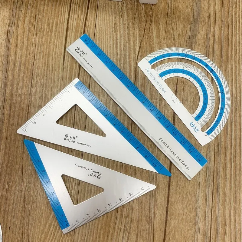 

Free shipping Drawing Tools Ruler 4 pieces / bag Student Painting School Supplies Set Square Triangle Ruler Aluminum Protractor