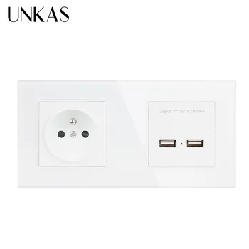 

UNKAS Dual USB Charger Port for Mobile 16A Double French Standard Electric Socket Export Crystal Glass Panel Power