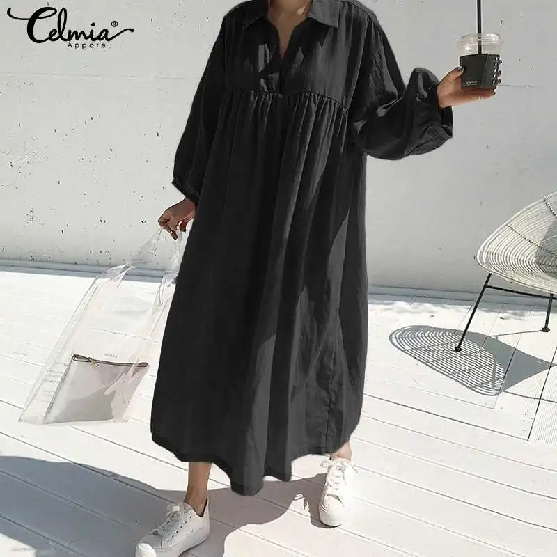 

2019 Celmia Women Vintage Long Sleeve Lapel Solid Shirt Dress Casual Loose Linen Maxi Long Dress Femme Ruffles Vestido Oversized