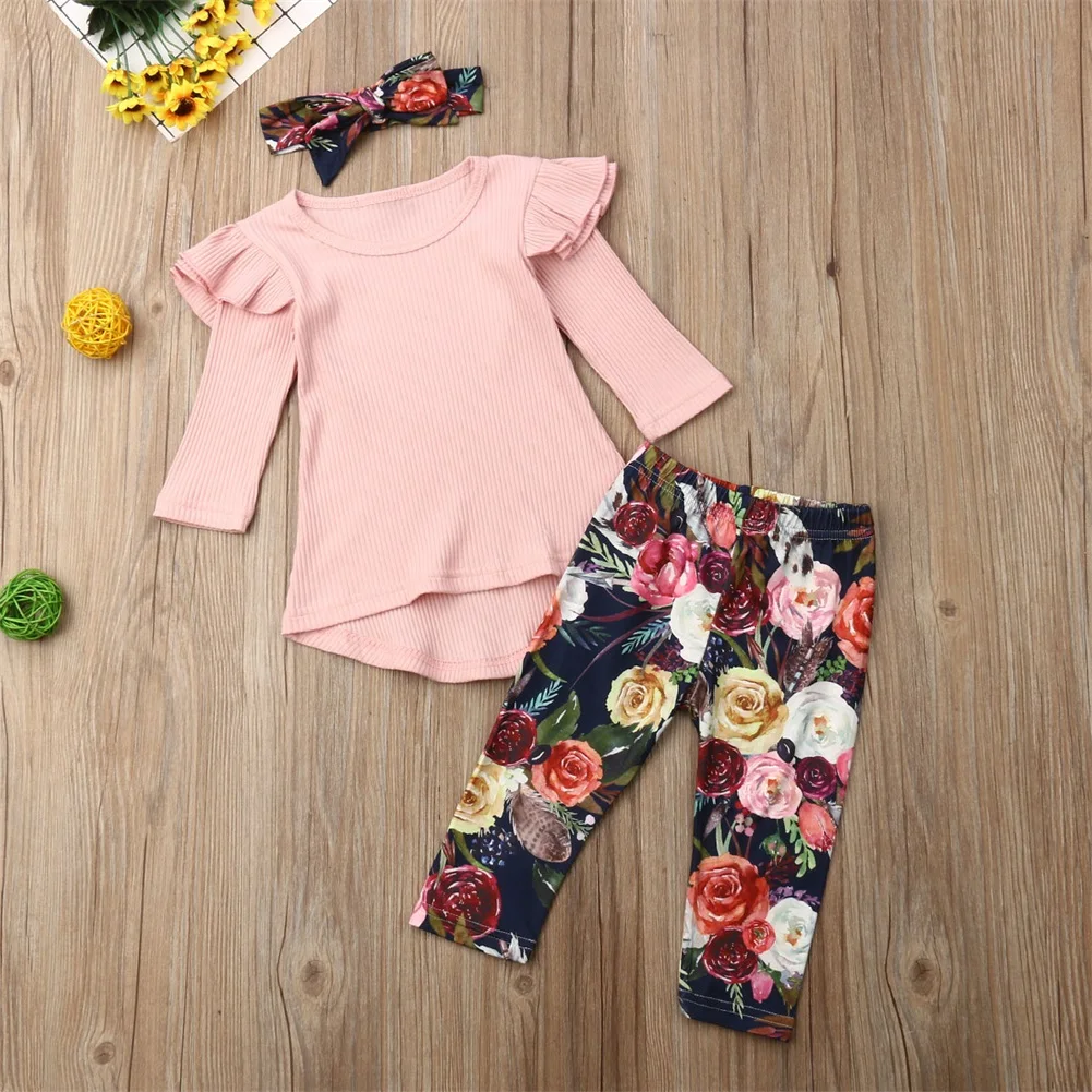 Осенне-зимняя одежда из 3 предметов Одежда для маленьких девочек топ с цветочным рисунком, платье, штаны, леггинсы, комплект одежды, От 0 до 5 лет