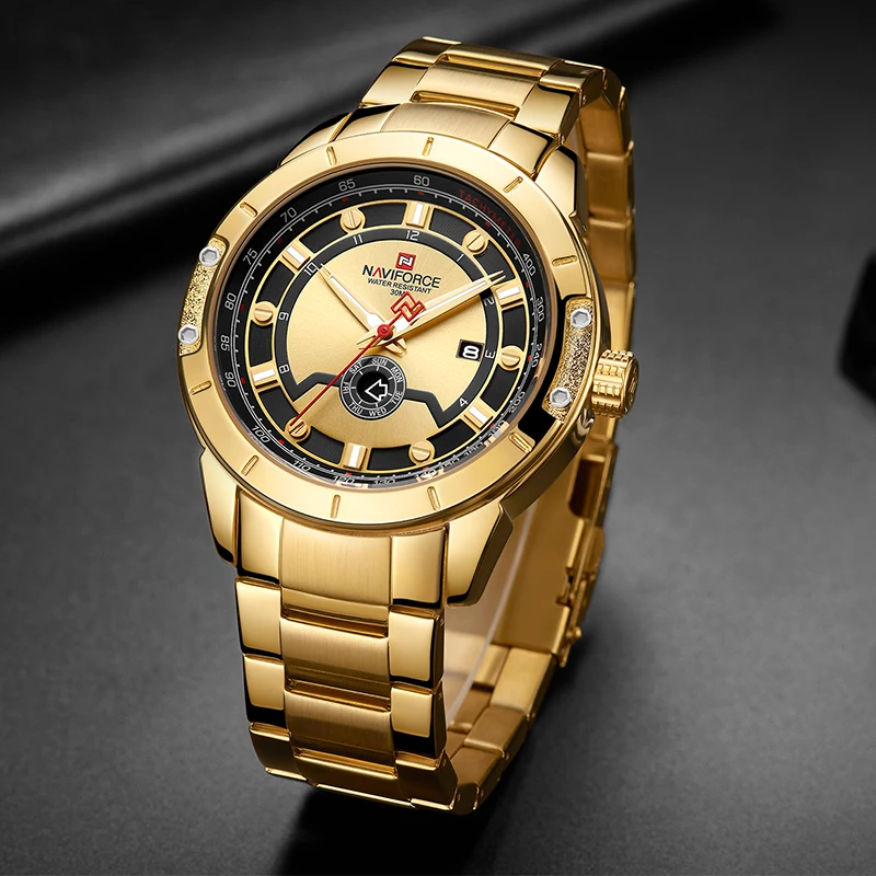 Роскошные брендовые NAVIFORCE мужские золотые часы со стальным ремешком Мужские кварцевые часы спортивные водонепроницаемые наручные часы Relogio Masculino