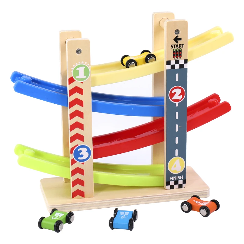 Goede Kidus Ramp Race Track Houten Racing Cars Race Auto Speelgoed Gift met 4 auto Speelgoed Voor Kinderen Diecasts
