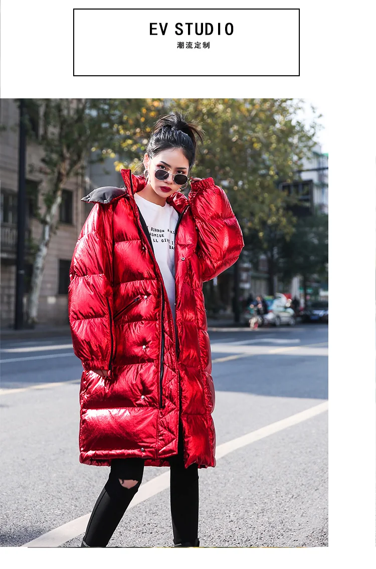 Красная Глянцевая пуховая хлопковая куртка женская зимняя модная длинная парка на молнии с капюшоном Mujer пальто Женская Толстая свободная хлопковая куртка верхняя одежда