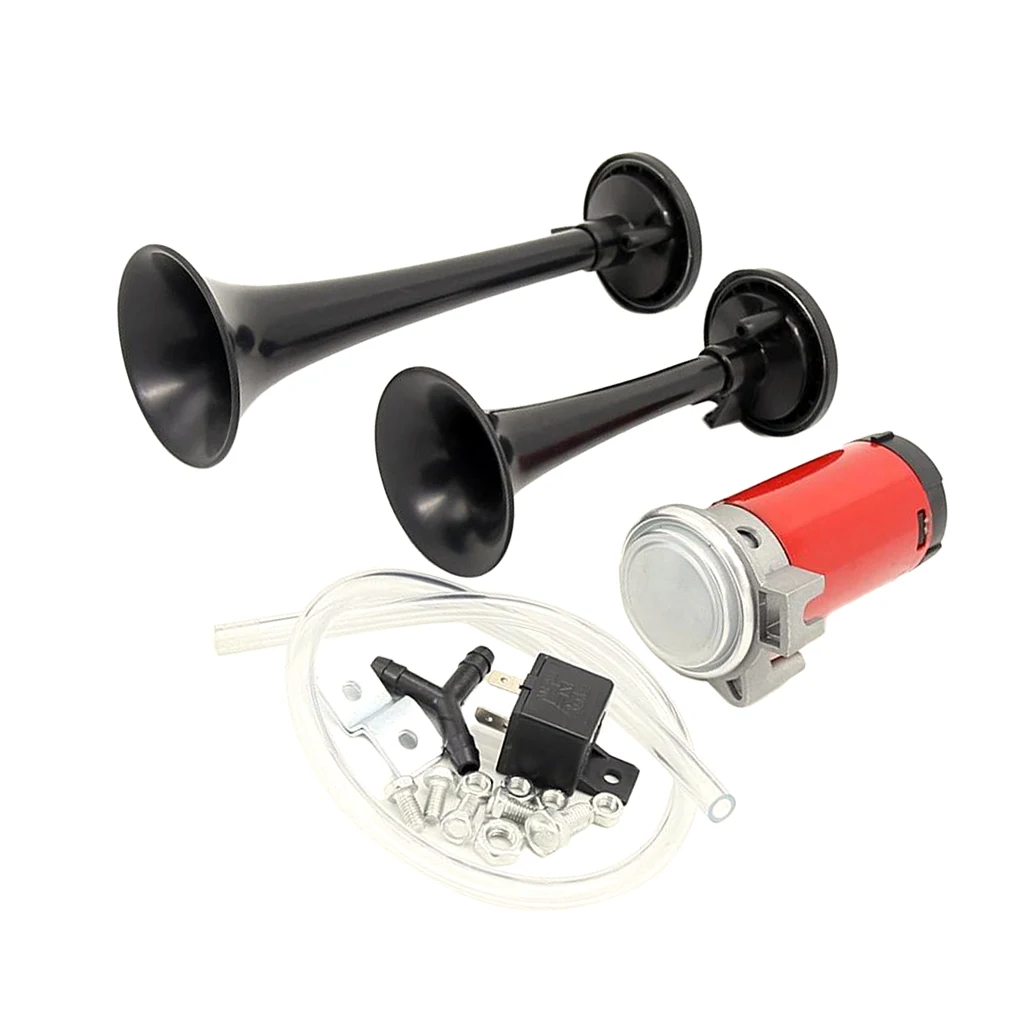 12V Dual Trumpet Air Horn - Premium Quality Stainless Steel Super Loud Powerful Train Car Van Truck Boat Air Horn - Black