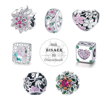 

BISAER 925 Sterling Silver Openwork Flower Spring Flower Charm for Silver Charms Bracelet Girlfriend Valentine Gifts GAC039