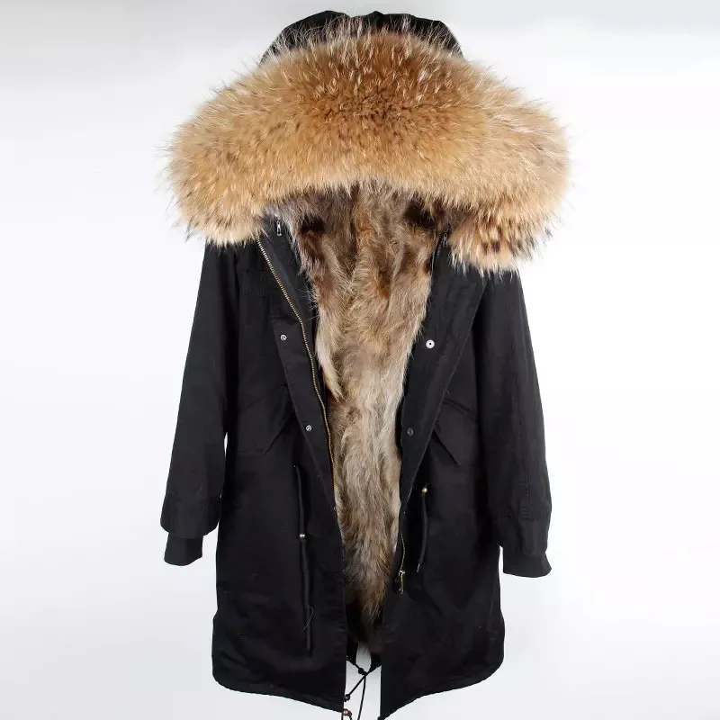 MAOMAOKONG/зимняя женская кожаная куртка больших размеров пальто из натурального меха енота съемная меховая подкладка X Длинная Куртка парка