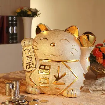 

Golden Large Cat Opening Rich Ceramic Ornament Coin Bank Home Wedding Gift Saving Bank God of Wealth Cat Feng Shui miniature fig