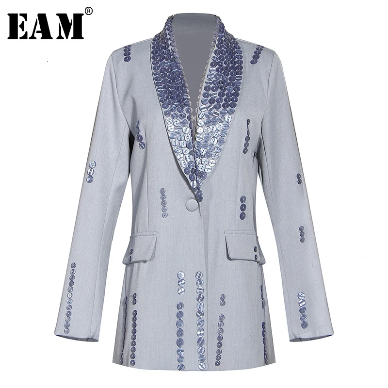 [EAM] женский короткий Блейзер на пуговицах, свободный пиджак с отворотом и длинным рукавом, модный весенний осенний 1M881