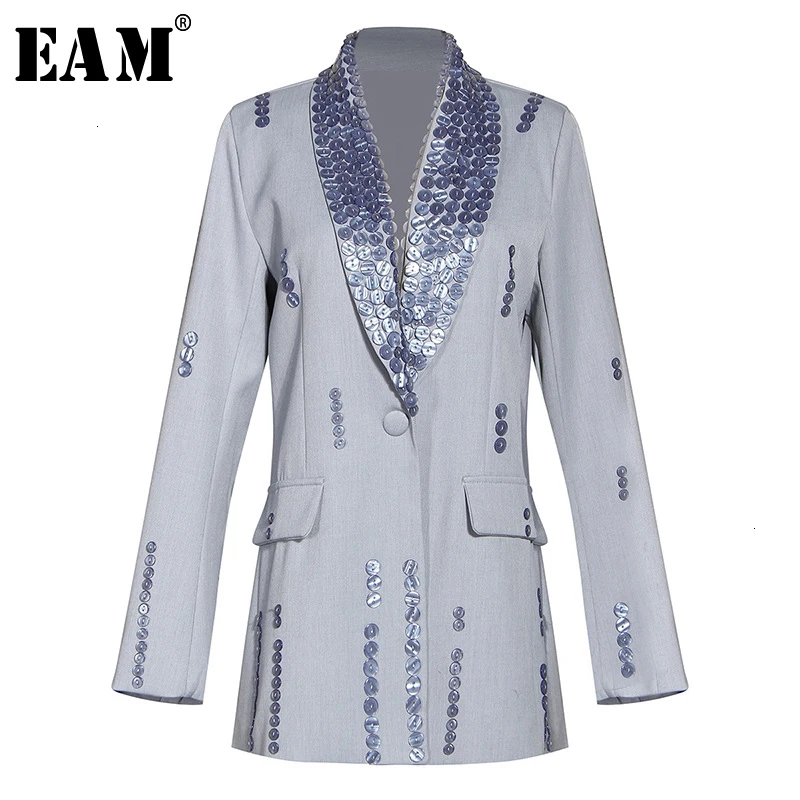 

[EAM] Women Button Spit Joint Short Blazer New Lapel Long Sleeve Loose Fit Jacket Fashion Tide Spring Autumn 2020 1M881