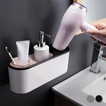 

Bathroom Wall Mounted Storage Rack Hair Dryer Holder Organizer Multifunction Free Punch Wall Hanging Shelf Fixture Home Decor