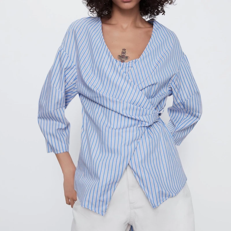 

Women Blouse and Crop Top Spring 2020 New Fashion Kimono Striped Shirt Wrap Chest Modern Lady 2 Pieces Set