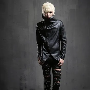 

Clube noturno dj punk rock casaco de couro fino oblíquo zíper design masculino gola alta motociclista da motocicleta do falso ja