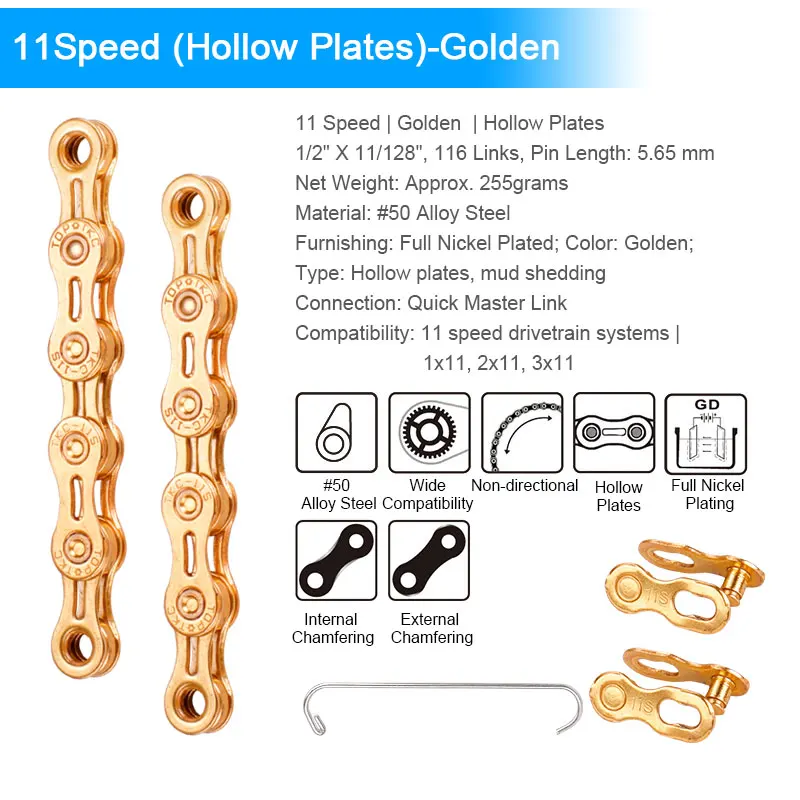 11S GD Half Hollow Deemount 8/9/10/11 Скорость велосипедной цепи с качественным покрытием из алюминиевого сплава Сталь Никель покрытием обработка кромок пластины Дополнительно грязи линять полые пластины - Цвет: 11S GD Half Hollow