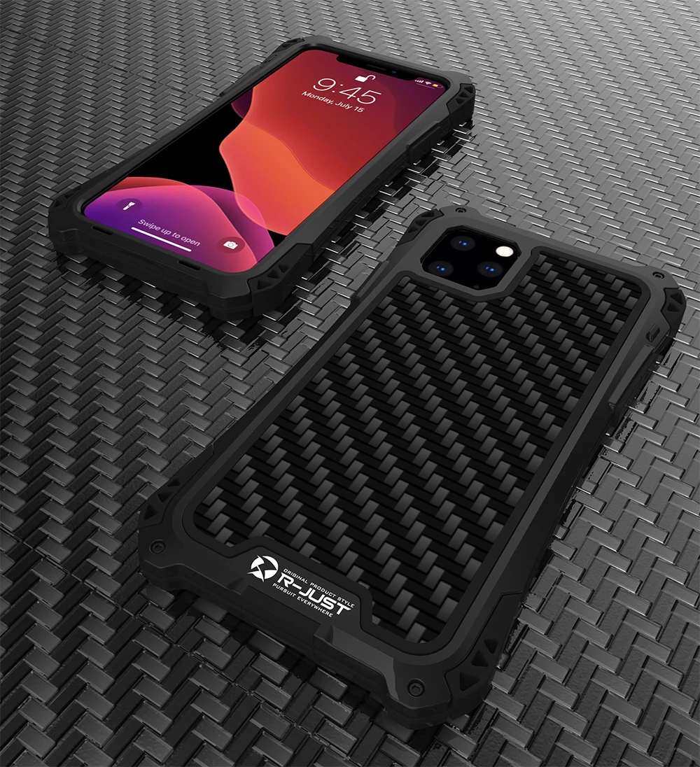 Для iPhone 11 PRO Max XR XS Max R-JUST AMIRA ударопрочный металлический/алюминиевый защитный чехол из углеродного волокна+ закаленное стекло