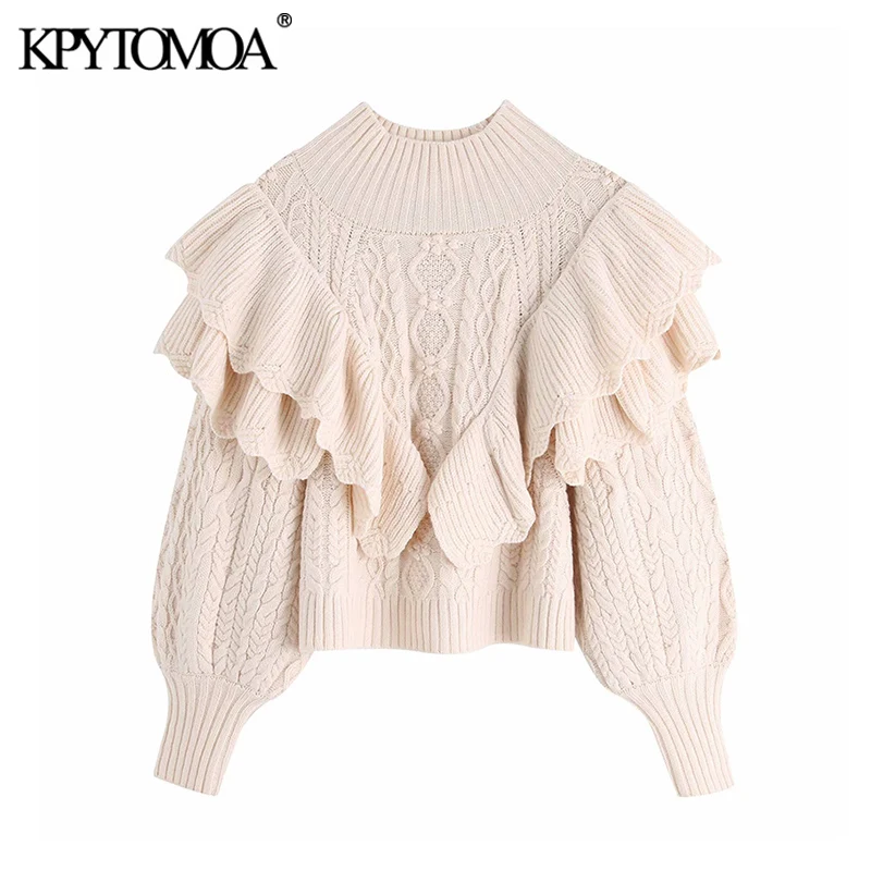  Vintage Stylish Short Style Ruffles Knitted Sweater Women 2019 Fashion High Neck Lantern Sleeve Fem