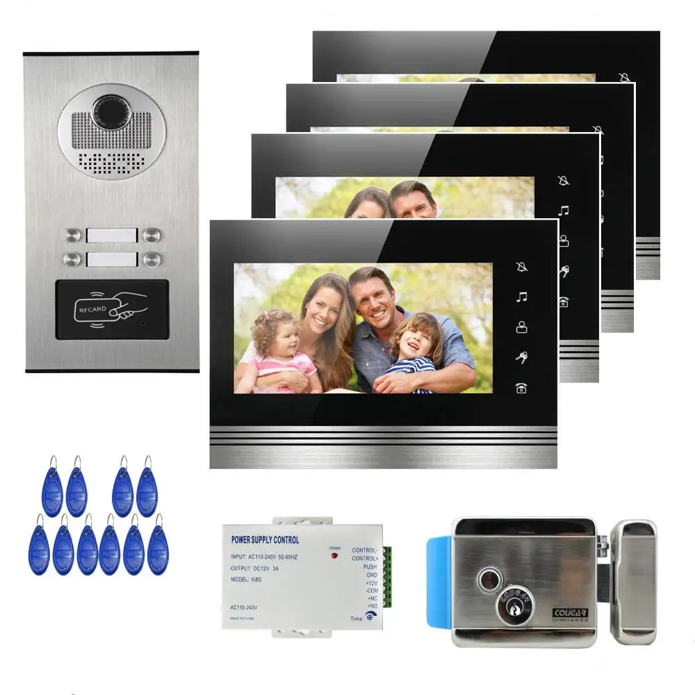 7 inch Color Monitors Wired Video Intercom Door Phone RFID Card Audio Visual Doorbell System 4 Apartments Home Electric lock |