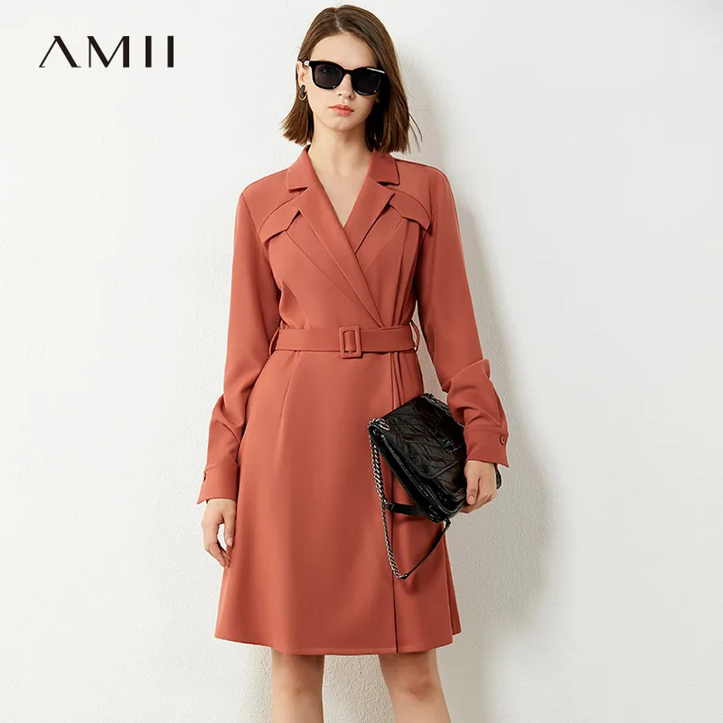 AMII Minimalism Autumn Dresses For Women Fashion Solid Vneck Belt Knee-length Women's Dress Causal Female Dress 12040408 AMII Minimalism Autumn Dresses For Women Fashion Solid Vneck Belt Knee-length Women's Dress Causal Female Dress 12040408